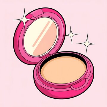An open pink compact case with a mirror and makeup on a pink background