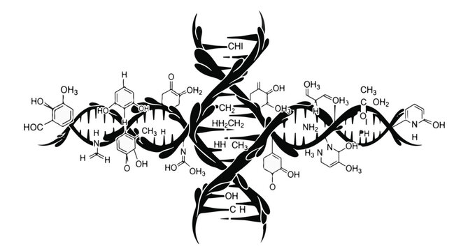 DNA double helix structure with molecular bonds and chemical compounds