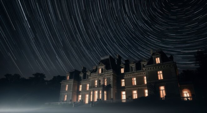 Rastros de estrelas no c&eacute;u noturno acima da fachada iluminada de um pr&eacute;dio com luzes.