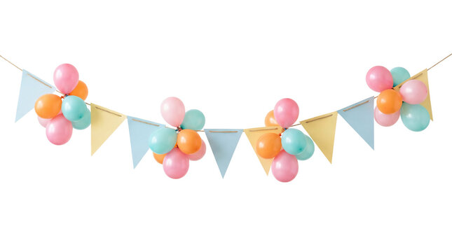 Pastel balloon garland with party bunting transparent PNG, isolated birthday celebration decoration clipart