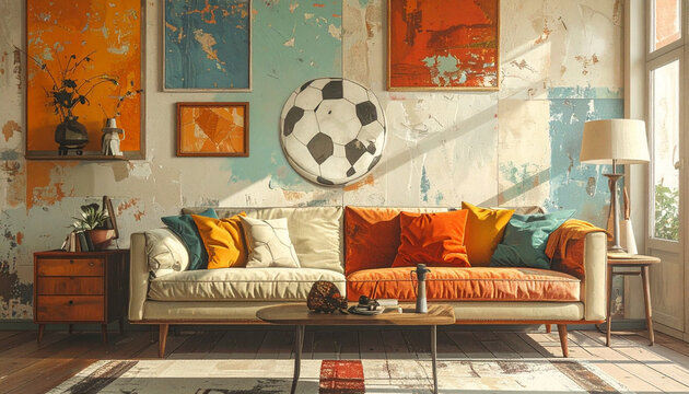 Decora&ccedil;&atilde;o de sala de estar com sof&aacute; e obras de arte.