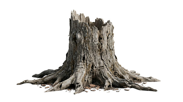 Dead tree stump with exposed roots transparent PNG isolated cutout, weathered wood trunk nature element