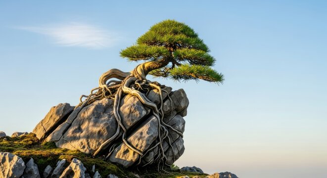 Bonsai crescendo sobre rocha contra um c&eacute;u azul, paisagem natural serena.
