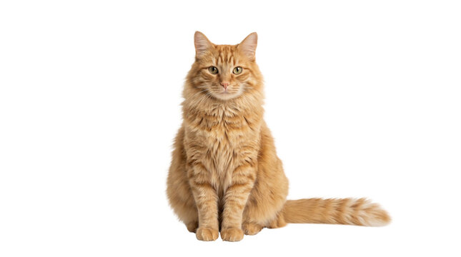 Orange longhair cat sitting isolated transparent PNG cutout, fluffy ginger tabby pet clipart no background