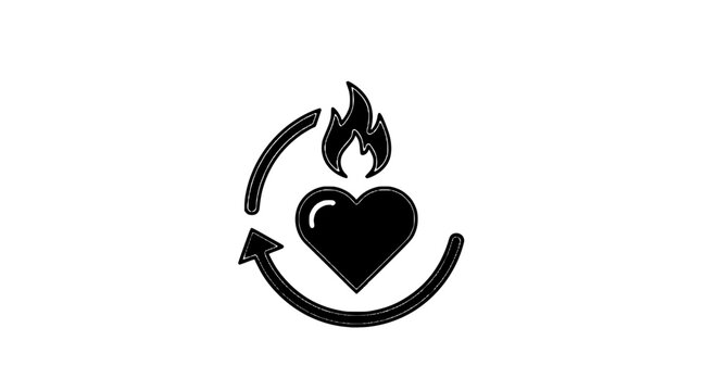 A vibrant vector illustration shows a heart on fire with an arrow circling around it symbolizing passion and energy.
