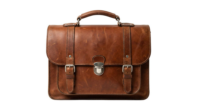 Vintage brown leather briefcase transparent PNG, isolated satchel bag cutout for business travel design