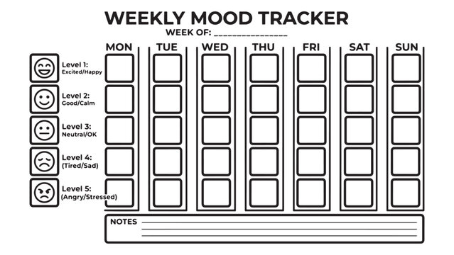 Weekly mood tracker page with level legend, daily blank boxes, notes section, black and white printable worksheet for self care and mindfulness.
