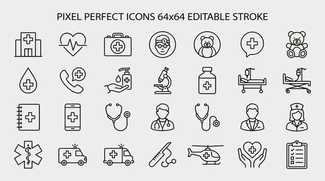 Pixel perfect 64x64 icon set with editable stroke featuring UI, medical, travel, and communication icons for web and app design