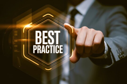 Businessman touching a virtual screen with best practice text on a dark background
