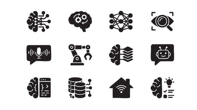 Artificial intelligence icons set brain robot network and automation symbols for technology and innovation concepts