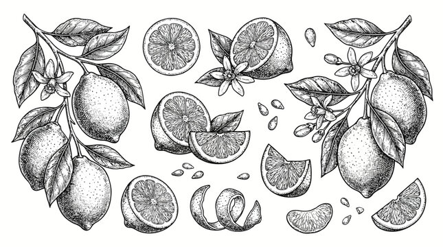 Black and white pencil sketch of lemons on branches with whole and sliced fruit, leaves, and citrus motifs