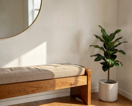 Modern wooden bench with cushion beside potted plant under sunlight in minimalist interior space.