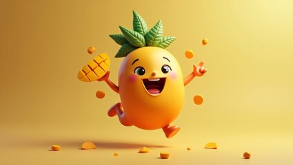 Obraz premium Cartoon character of a cheerful orange fruit with green leaves holding a slice of mango, surrounded by small fruit pieces on a bright yellow background