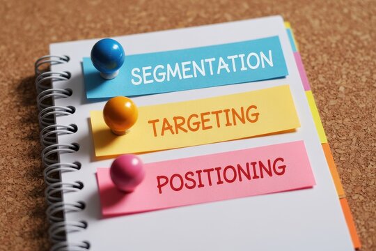Segmentation Targeting Positioning (STP) marketing strategy concept on sticky notes pinned to a notebook on a cork board.
