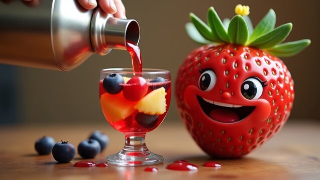 Cartoon strawberry character with a smiling face next to a glass filled with colorful fruit cocktail and berries, bartender pouring drink from shaker