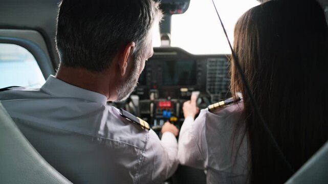 Male and female pilots operating an aircraft cockpit during a flight