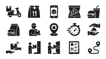 Fototapeta premium Collection of black vector icons representing food delivery restaurant services mobile ordering fast food takeout courier location timing and payment methods for digital dining and quick service