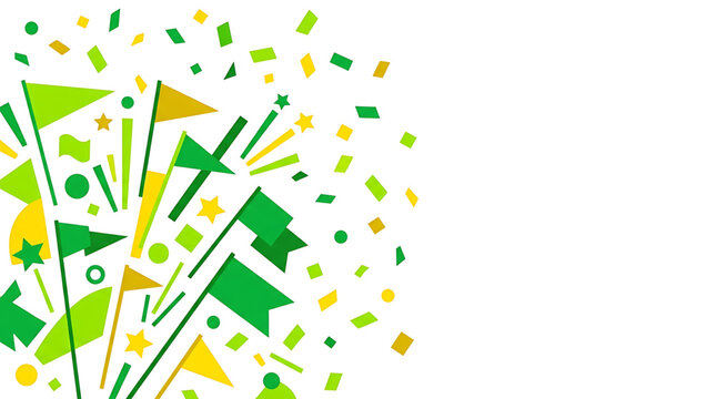 A vibrant vector graphic illustration of green and yellow confetti exploding on a white background, perfect for celebrating parties and special occasions.