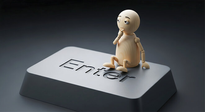 Online login and decision making concept with thinking wooden peg doll sitting on large enter key with copy space for digital submission landing page