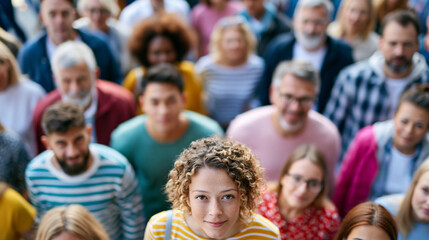 Fototapeta premium Overhead view of a diverse group of anonymous people standing close together, unity and teamwork concept, faceless top-down crop, defocused, with copy space