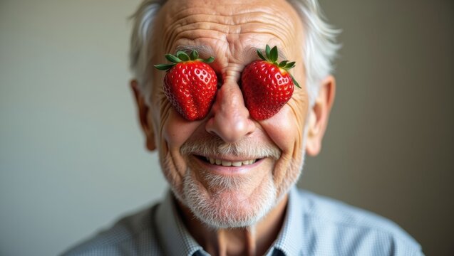 Elderly man with gray hair and beard playfully wearing strawberries as glasses, smiling against a neutral background, showcasing a lighthearted and whimsical expression