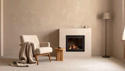 Obraz premium Cozy minimalist living room interior featuring a modern fireplace, an elegant boucle armchair with a warm knit blanket, and a stylish wooden side table in neutral beige tones.