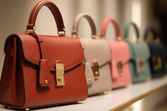 Elegant leather handbags in various colors displayed on a shelf in a luxury boutique store featuring high quality craftsmanship and gold hardware details