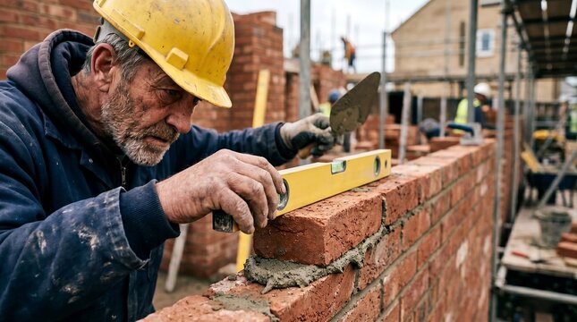 Senior bricklayer checks alignment of red brick wall
