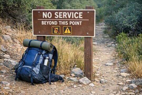 A backpack rests beside a 'No Service' sign on a dirt road, indicating a remote area with limited or no cellular coverage