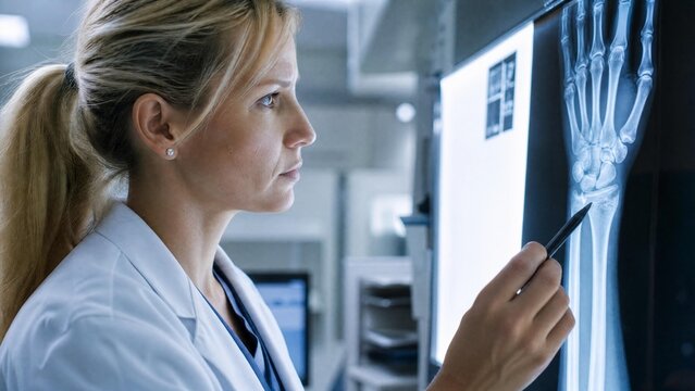 Female Doctor Analyzing Patient Hand X-ray in Hospital Clinic