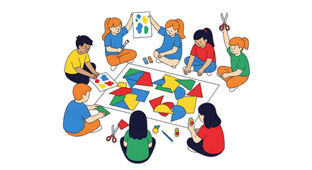 Naklejka premium A group of children and adults engaged in a creative activity with colorful geometric shapes on a large piece of paper