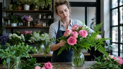 Fototapeta premium Professional Female Florist Arranging Beautiful Pink Roses Bouquet in Flower Shop