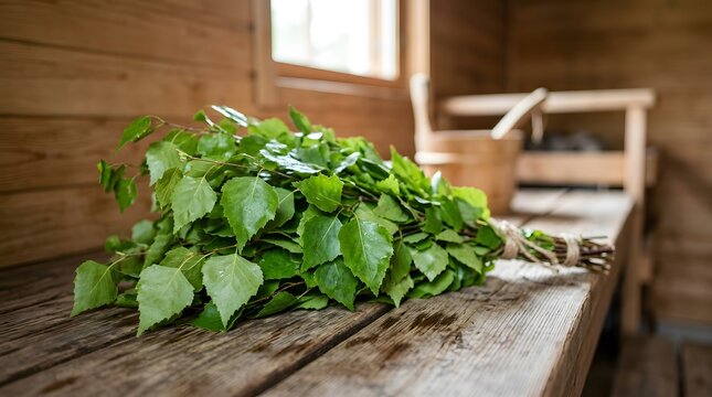 Lush birch broom resting on a weathered wooden bench within a traditional sauna, set for an invigorating steam ritual, promoting natural health and purification.