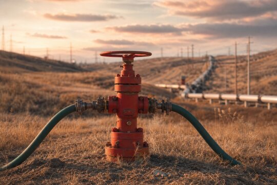 Red industrial oil wellhead valve with hoses stands in a dry hilly landscape with a long pipeline stretching toward the horizon under a warm sunset sky at an energy production site