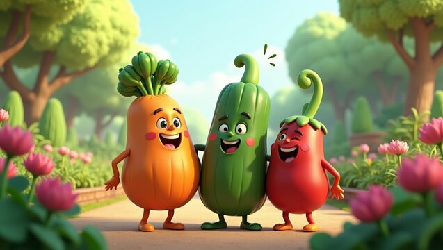 Cartoon characters of a carrot, cucumber, and chili pepper smiling together in a vibrant garden with flowers and trees in a sunny outdoor setting