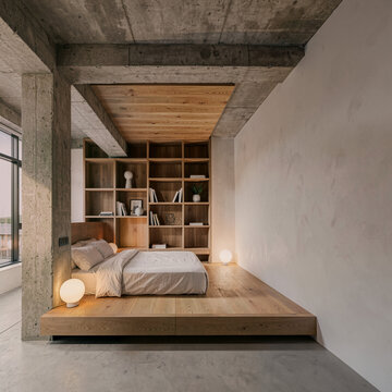 Modern minimalist bedroom with wooden platform bed, built-in bookshelf, concrete walls, and ambient lighting.