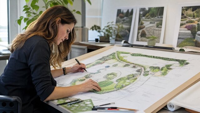 Female Landscape Architect Sketching Garden Design Plan in Studio
