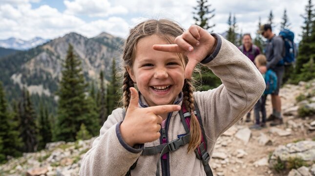 A joyful young girl with braided hair smiles and frames the camera with her hands while hiking on a scenic mountain trail with her family in the background.
