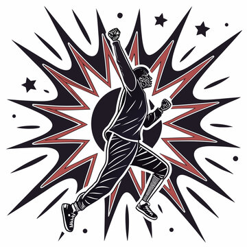 Graphic illustration of a person jumping with arms raised in a dynamic victory pose against a comic book starburst