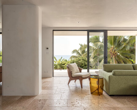 Modern living room with ocean view through glass doors surrounded by palm trees.