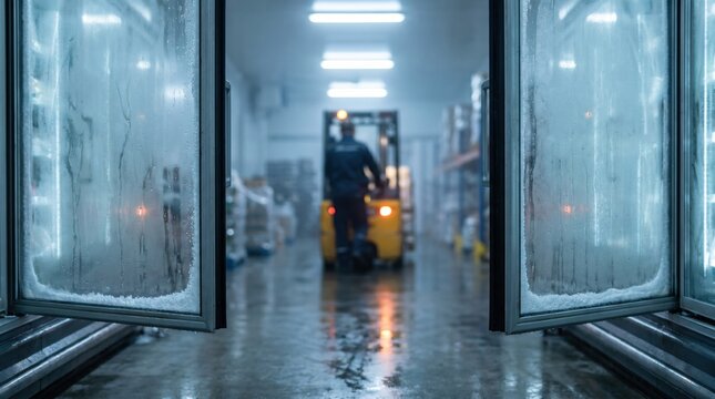 Industrial freezer warehouse with forklift operator working in a cold storage facility with frosted glass doors and misty atmosphere for food distribution and logistics