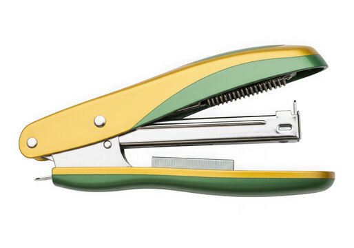 Green and yellow metal stapler isolated on white