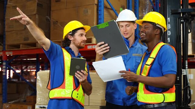 Quality control, discussion and people in warehouse with tablet, coordination and distribution. Logistics, manager and checklist in storage facility with delivery, export or shipping in supply chain