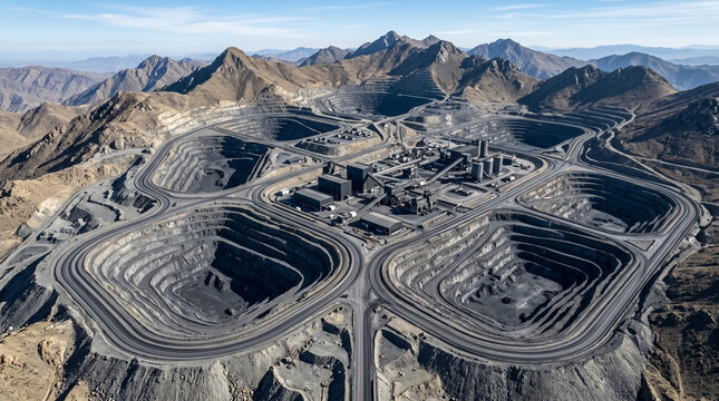 Aerial view of open pit mine in desert mountains, industrial mining complex with deep excavation pits, heavy industry site for mineral extraction