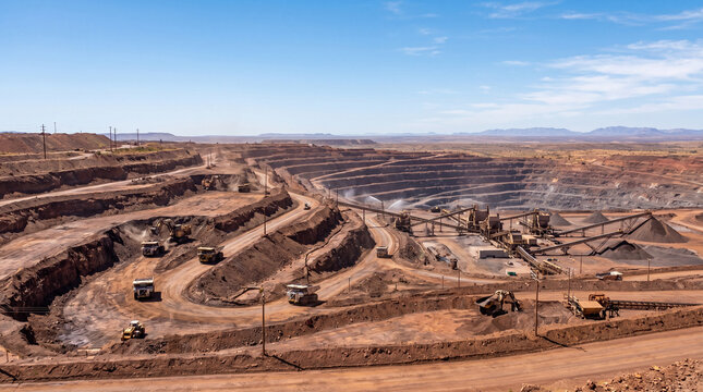 Open pit mine landscape with heavy machinery, industrial copper or gold mining site, large scale excavation quarry under blue sky