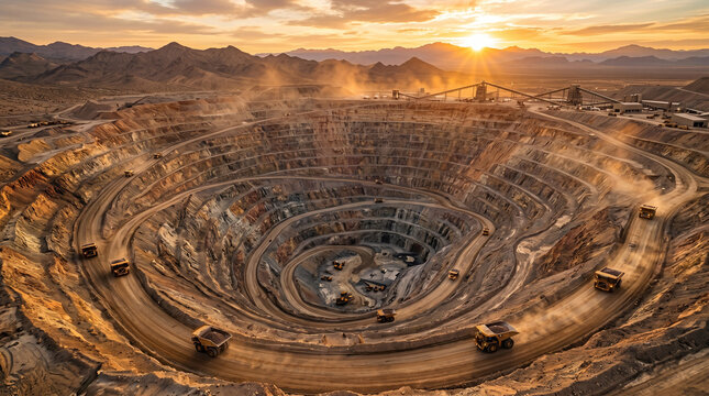 Aerial view of a massive open pit mine at sunset, heavy machinery and haul trucks operating in a deep spiral quarry, industrial mining landscape