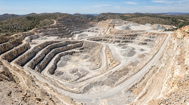 Industrial open pit mine with terraced rock walls, aerial view of limestone quarry excavation site, heavy industry mineral extraction landscape
