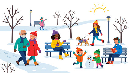 Fototapeta premium A vibrant winter scene of people enjoying a snowy day in a park with bare trees and sunny weather