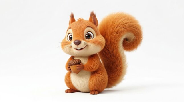 Adorable red squirrel character holding an acorn, cute 3D cartoon squirrel with fluffy tail, friendly forest animal mascot for children's storytelling isolated on White Background