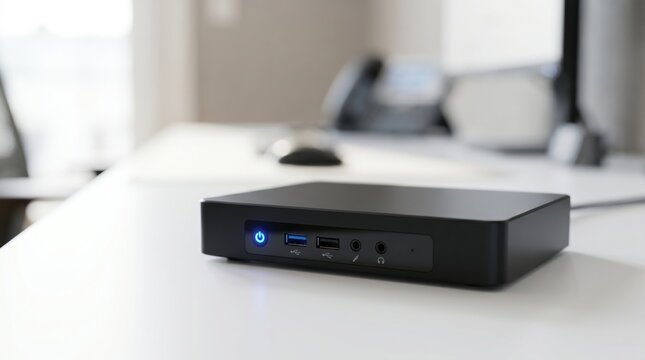 Small black mini desktop computer unit sitting on a white office desk with glowing blue power button and multiple connectivity ports for professional workstation setup